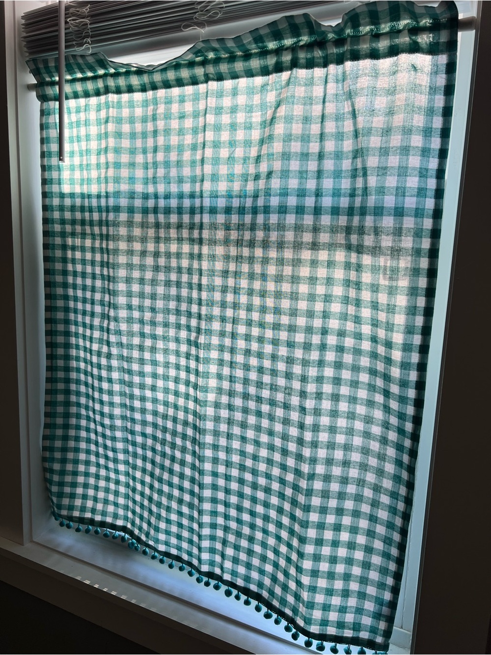 The Pioneer Woman Teal Gingham Cafe Curtain Panel Pair with Pom Trim
